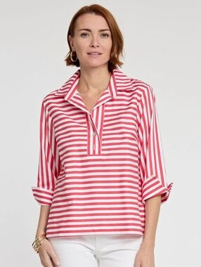 Hinson Wu Aileen 3/4 Sleeve White Stripe-Gingham Blouse Coral White XL